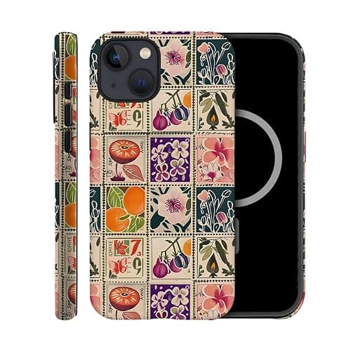 TnXee Case Compatible with iPhone 15,Compatible with MagSafe,Fall Prevention Hybrid 2-Layer Hard Shell Cases for Girls Boys,Vintage Flower Orange Stamp Collage - Image 1