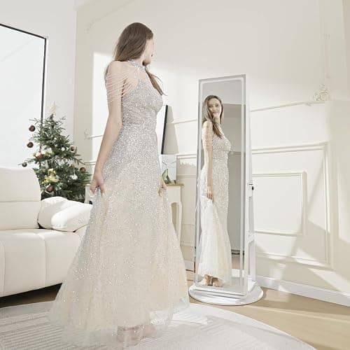 TJYGO LED Mirror Jewelry Cabinet Standing, Swivel Jewelry Armoire with Full Length LED Mirror and Adjustable Lights, Lockable Standing Jewelry Storage Organizer, White thumbnail 7