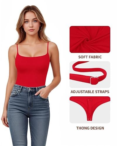 MANGOPOP Women's Cami Thong Bodysuit Double Lined Square Neck Backless Body Suit Adjustable Spaghetti Strap Tank Tops thumbnail 4