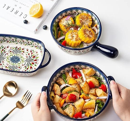 Bicuzat Vintage Style Tulip Flower Pattern Ceramic Bakeware Casserole Dish Baking Pan Lasagna Pans Baking Dish with Handles for Oven/Cooking/Kitchen-1 PCS-32 OZ thumbnail 4