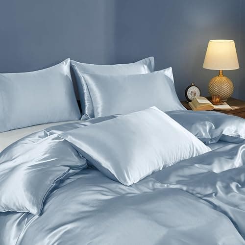 Horbaunal 5 Pieces Satin Duvet Cover Set Queen/Full Size Baby Blue Duvet Cover with Corner Ties & Zipper Closure, Luxury & Silky Bedding Set, 1 Duvet Cover and 4 Pillowcases (No Comforter) thumbnail 3