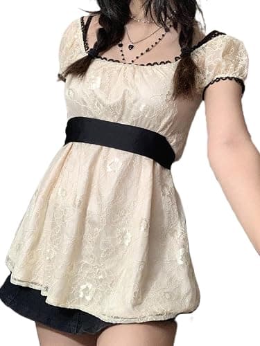 Women Fairy Grunge Tops Short Sleeve Floral Lace Babydoll Tops E Girls Aesthetic Cottage Core Clothes thumbnail 2
