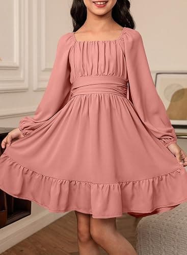 blibean Girls Long Sleeve Tie Back Dress Tween Fall Off Shoulder Dress Size 6-15 Years thumbnail 2
