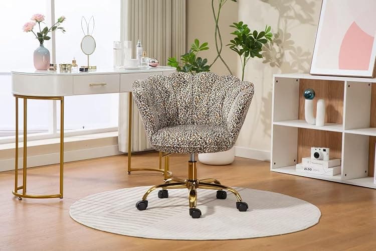 ZOBIDO Comfy Home Office Task Chair with Wheels, Cute Modern Upholstered PU Seashell Back Adjustable Swivel Vanity Desk Chair, for Women,for Girls, Living Room, Bedroom（Leopard thumbnail 2