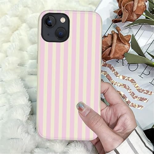 Case for iPhone 14 Plus,Durable Drop Protection Shockproof Silicone + Hard PC 2 in 1 Hybrid Protective Cover with Stylish Pattern Design Cute Striped Aesthetic Yellow Pink thumbnail 7