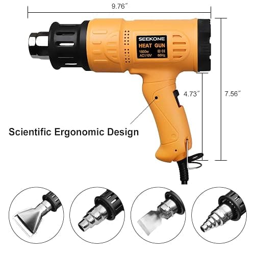 SEEKONE Heat Gun 1800W 122℉-1202℉（50℃- 650℃）Fast Heating Heavy Duty Hot Air Gun Kit Variable Temperature Control Overheat Protection with 4 Nozzles for Crafts, Shrinking PVC, Stripping Paint(5.2FT) thumbnail 3