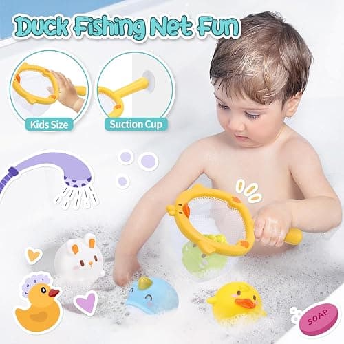 CUTE STONE Baby Bath Toys, No Hole Floating Squirting Bathtub Toy W/ Water Slide Building Track, Duck Fishing Net Game, Toddler Shower Toys, Water& Pool Toys, Educational Gifts for Boys Girls thumbnail 3