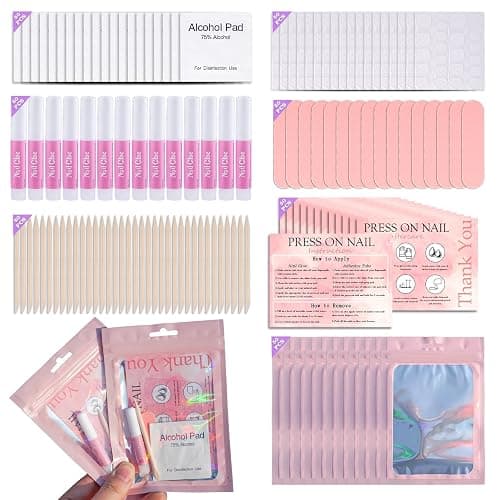Disposable Nail Supplies Kits,Professional Manicure Press On Nail Tool Kit with Nail File,Adhesive Tabs,Nail Glue,Sticks, Prep Pads,Bags,Cards for Nail Business (350pcs50set-pink) - Image 1