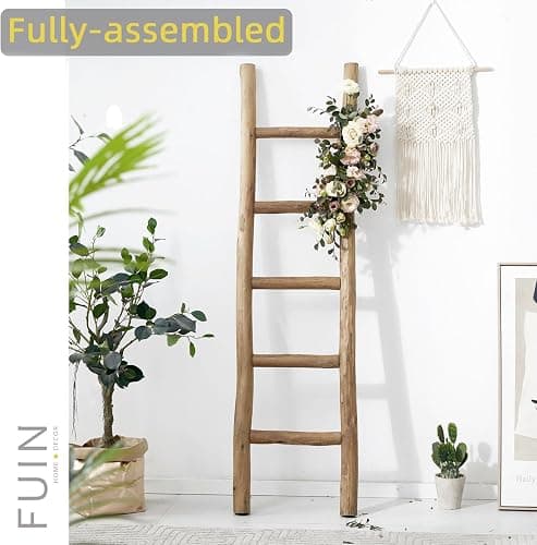 FUIN Fully Assembled 57in Wood Blanket Ladder Living Room Decorative Wall Leaning Farmhouse Quilt Display Holder Rustic Wooden Towel Rack for Bathroom, Brown thumbnail 4