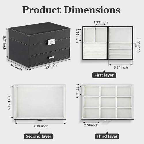 Dajasan Jewelry Organizer Box, Large Jewelry Boxes for Women Girls, Space-Saving 3 Layers Jewelry Storage Case with Drawer, Movable Metal Stand, Modern, Gift Idea (Black) thumbnail 2