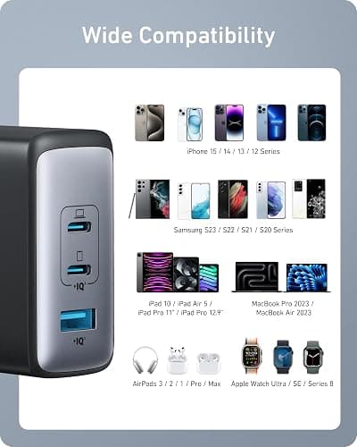 Anker Nano 100W USB-C Charger, 3-Port Fast Compact GaN Charger for MacBook Pro/Air, Pixelbook, ThinkPad, Dell XPS, iPad Pro, iPhone 16 Series, Galaxy S23, and More (Black, 1 Pack & 1 Cable) thumbnail 8