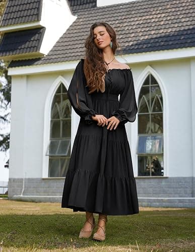 Scarlet Darkness Women Renaissance Off Shoulder Long Sleeve Smocked Waist Tiered Long Maxi Dress thumbnail 6