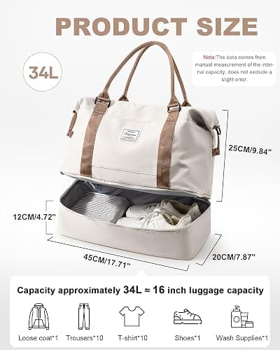 Travel Duffel Bag, 18x14x8 Inches Travel Bag Spirit with Shoes Compartment, Weekender Overnight Bag for Women with Trolley Sleeve, Carry On Bag for Airplanes Sport Tote Gym Bag BeigeBrown thumbnail 4