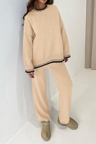 PRETTYGARDEN Women's 2 Piece Knit Sweater Outfit Casual Long Sleeve Pullover Wide Leg Pants Tracksuit Loungewear Set thumbnail 6