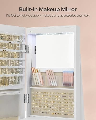 SONGMICS 6 LEDs Lockable Mirror Jewelry Cabinet, 360° Swivel Jewelry Organizer Armoire Standing, Frameless Full-Length Mirror, 3 Storage Shelves, White Surface, Greige Lining UJJC007W02V1 thumbnail 3