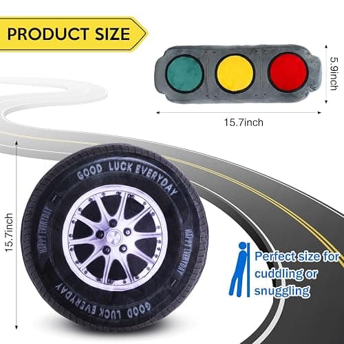 2 Pcs Race Car Room Decor Racing Plush Throw Pillow Set Gift Operation Christmas 15.7 Inch Soft 3D Simulation Wheel Pillow Funny Tire Cone Traffic Light and Stop for Bedroom Decorations(Traffic Light) thumbnail 2