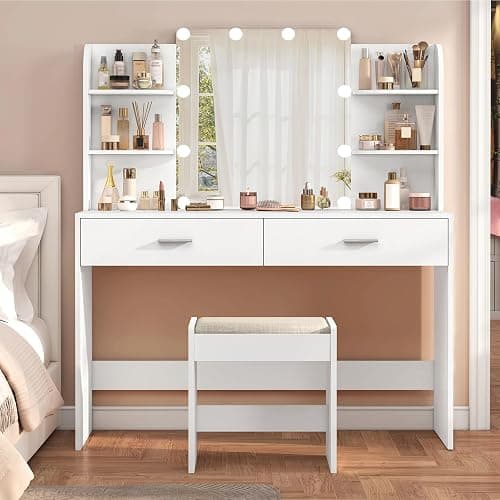 usikey Vanity Desk with Mirror and Lights, Makeup Vanity Set with 2 Drawers and Open Shelves, Makeup Vanity Desk Dressing Table with Cushioned Stool and 10 LED Lights, White - Image 1