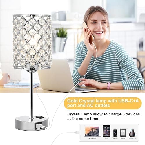 Hong-in Crystal Table Lamp, Crystal Lamp Touch Control with USB-C USB-A Charging Ports & AC Outlets, 3 Way Dimmable Bedside Lamp-Nightstand Lamp Modern Light for Bedroom, Living Room, Bulb Included thumbnail 2