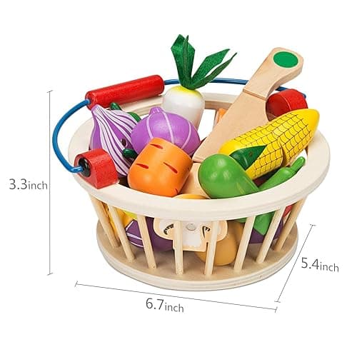 Victostar Magnetic Wooden Cutting Fruits Vegetables Food Play Toy Set with Basket for Kids thumbnail 8