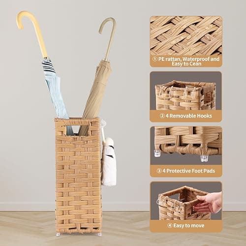 WAOHANAZ Rattan Umbrella Stand, Umbrella Holder for Entryway, Hand Woven Umbrella Rack Organizer Freestanding, with a Detachable Drip Tray, 4 Hooks, 6.5" L x 6.5" W x 16.5" H - 6.5"L x 6.5"W x 16.5"H thumbnail 6