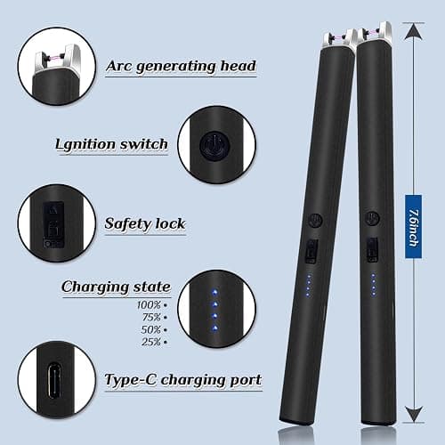 2 PCS Candle Lighter,Windproof Flameless Electric Lighter with LED Power Display ＆ Safety Switch, Upgraded Plasma USB Rechargeable Lighters for Birthday Camping BBQ (Black) thumbnail 6