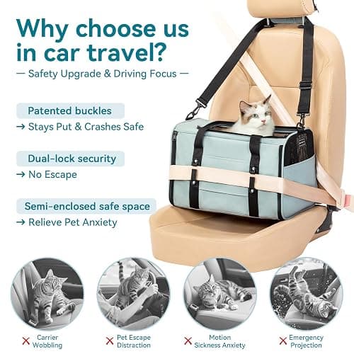 PETSFIT Cat Car Carrier for Small/Medium Cats Dogs, 18"x11"x11" Airline Approved Cat Carrier, with Patent Safety Buckles and Escape-Proof Zipper - Safeguarding Car Travel, Airplane, Vet, Outdoor thumbnail 2