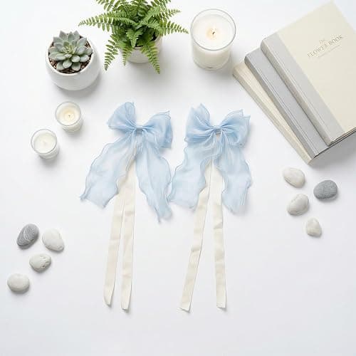 GAJILON 2 Pack French Lace Bow Curtain Tiebacks, Light Blue | Silky Ribbon Curtain Ties and No-Drill Holdbacks for Sheer Drapes, Bedrooms, Nurseries, Canopies and Wedding Decor thumbnail 3