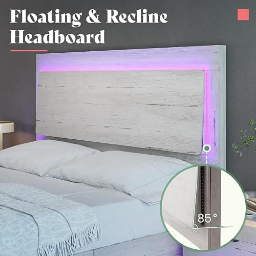 AMERLIFE Full Bed Frame, Farmhouse Floating Bed Frame with Recline Headboard, Platform Bed with LED Light, No Box Spring Needed/Noise Free, Distressed White thumbnail 3