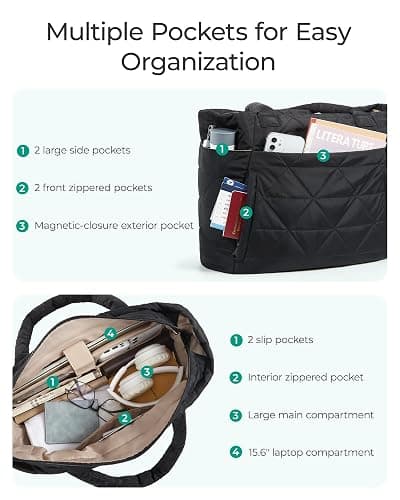 BAGSMART Tote Bag for Women, Puffy Tote Bag with Zipper, Large Quilted Shoulder Bag with Compartments for Travel, Work, Gym thumbnail 4