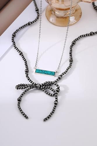 Navajo Pearl Necklace Western Jewelry for Women Turquoise Heart Bar Pendant Necklace Layered Boho Beaded Choker Necklace for Women thumbnail 4