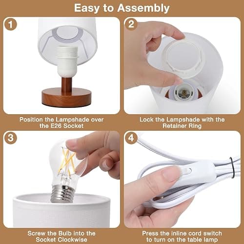 Fenmzee Small Table Lamp for Bedroom - Inline Control, Bedside Lamp with 3000K A15 LED Blub, Easy Assembly (White Shade - Walnut Base, 9" Inline Control) thumbnail 8