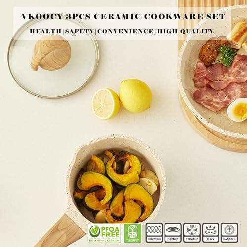 Vkoocy Non Stick Pots and Pans Set Ceramic Cookware Set with Granite Dot, 3pcs Kitchen Cooking Sets Frying Pan Saucepan, No PTFE, No PFAS, Bright Cream thumbnail 3