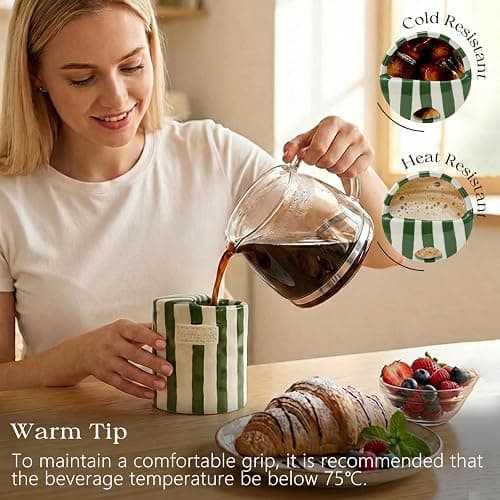 KOIMYSA Ceramic Travel Coffee Mug with Straw Hole 12oz, Espresso Cups | Hand Painted Pottery Coffee Mug, Retro Striped To Go Coffee Mug for Hot & Cold Drinks, Microwave & Dishwasher Safe, Green thumbnail 2