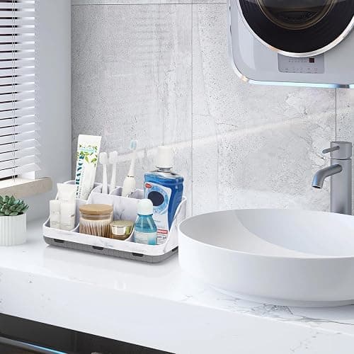 GFWARE Marble Bathroom Countertop Organizer - Detachable 7 Slots Kids Electric Toothbrush and Toothpaste Holde Drainage for Bathroom Accessories Organization Counter Vanity Storage, Grey thumbnail 7