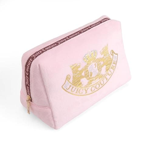 Juicy Couture Pink Makeup Bag Cosmetics Organizer Travel Essentials Zip Top Wedge Gold Terroir Dog Rhinestone Crown Velour thumbnail 3