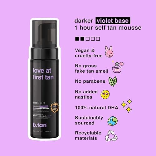 b.tan Violet Self Tanner Kit | Fall In Love at First Tan Bundle - Dark Tanning Mousse w Mitt Applicator, 1 Hour Express Foam, Best Bronzing Glow, No Orange Tones or Fake Tan Smell, Vegan, 6.7 Fl Oz thumbnail 3