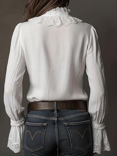 Pinclodly Women's Vintage Ruffle Lace Trim Blouse Elegant Button Down Long Sleeve Collared Shirts Dressy Casual Work Tops thumbnail 4