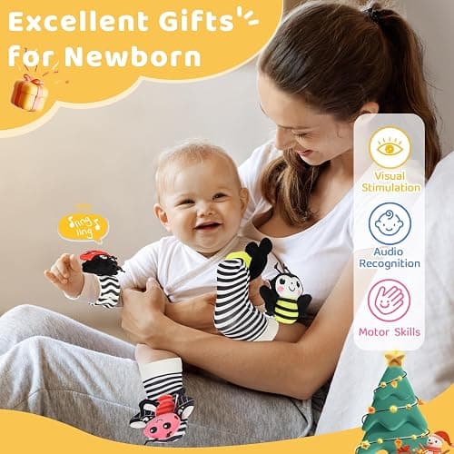 URMYWO Wrist Rattles for Baby - Rattle Socks - Foot Finder Set - High Contrast Black and White Baby Toys for 0-12 Months Infant - Newborn Essentials - Sensery Toys for Boys and Girls as Shower Gifts thumbnail 7
