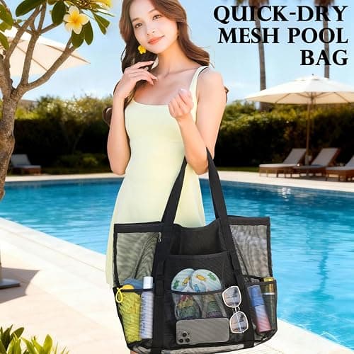Fammart Mesh Beach Bag, Large Beach Tote with Zipper Pocket, Toys Pool Bag for Family Travel Vacation Cruise Essentials thumbnail 2