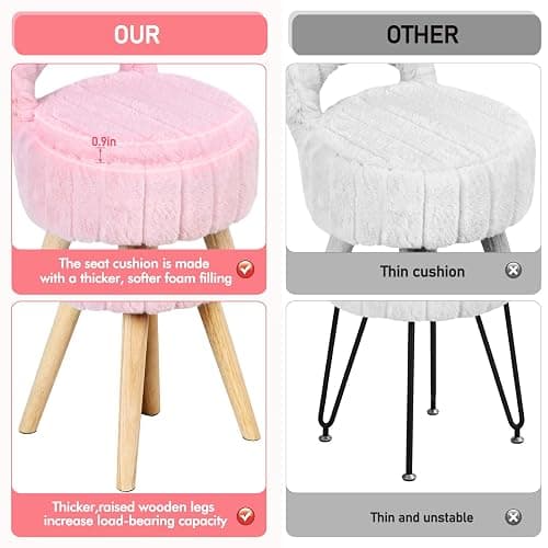 KANEODOT Vanity Stool with Storage & Folding Back,11.8“ D x 12.9” W x 27.9" H Round Faux Fur Cute Vanity Chair with 4 Solid Wood Legs,Comfy Small Makeup Ottoman for Living Room,Bedroom,Closet,Pink thumbnail 4