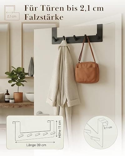 VMbathrooms Türhakenleiste Schwarz matt für Türfalz bis 2,1 cm | Ohne Bohren | Für Jacken, Taschen, Handtücher & Bademäntel | Platzsparende Garderobe für Bad, Flur & Schlafzimmer thumbnail 2
