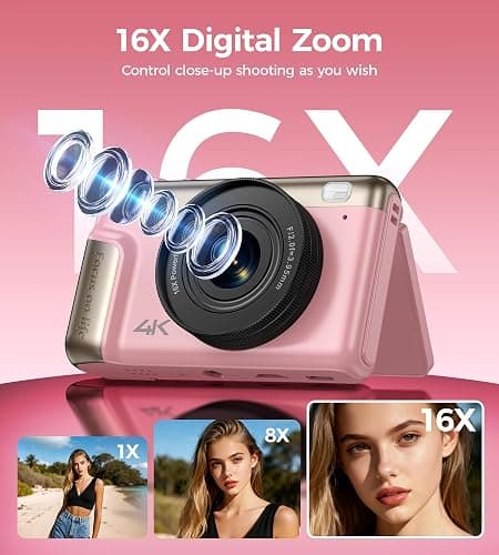 Macchina Fotografica Digitale 4K 64MP: Ultra HD Fotocamera Digitale Compatta per Vlog con Flip 180° da 3" Videocamera con Zoom Digitale 16X Scheda da 32GB per Bambini Principianti Adulti Studenti Rosa thumbnail 4