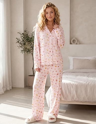 Womens 2 Piece Fruit Pajamas Set Cute Pjs Y2K Coquette Fall Sleepwear | Wide Leg Long Sleeve Pocket Button Down Lounge Set thumbnail 2