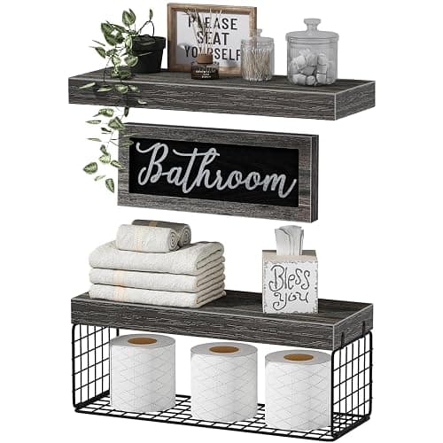 QEEIG ‎Bathroom Shelves Over Toilet - Paper Storage Wall Mounted Farmhouse Decor Decorations Aesthetic Décor Sign Small Floating Shelf 2+1 Set 16 inch, Grey (020GY) - D. Grey - Image 1