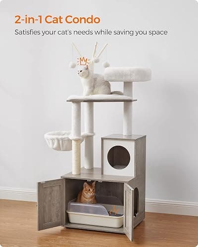 Feandrea Cat Tree with Litter Box Enclosure, 2-in-1 Modern Cat Tower, 55.1-Inch Cat Condo with Scratching Posts, Removable Pompom Sticks, Greige UPCT113G01 thumbnail 3