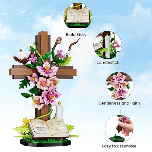 Jesus Cross Flower Building Set, Religious Cross Collectibles Compatible with Lego Jesus Catholic Building Toys,Christmas, Christian, Birthday Gifts for Mothers, Women or Adults (568 PCS) thumbnail 5
