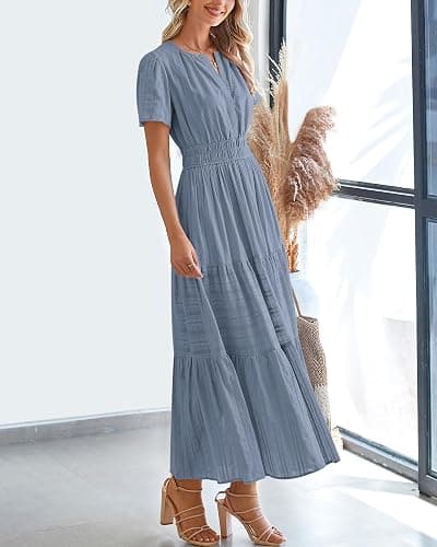 BTFBM Womens Summer 2025 Casual Midi Maxi Dresses Lightweight Short Sleeve V Neck Elastic Waist Boho Beach Dress Pockets thumbnail 7