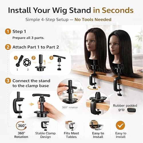 Mannequin Head Human Hair 16 Inch, 100% Real Human Hair Cosmetology Mannequin Head with Clamp Stand, Professional Hair Manikin Doll Head for Braiding, Styling & Hairdresser Training (Black-16inch) thumbnail 7