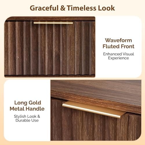 VINGLI Night Stand Set 2, Fluted Nightstands with Drawer, Mid Century Modern Nightstands Set of 2, Bedside Table, End Table, Wood Nightstand for Bedroom, Walnut, 15.75" W*11.81" D*21.85" H thumbnail 5