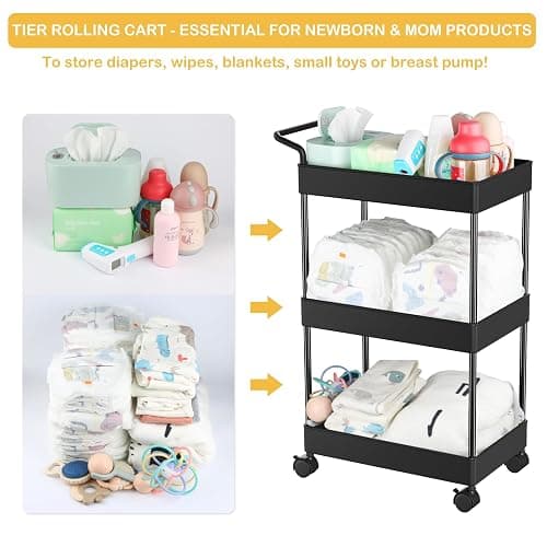 Volnamal Diaper Caddy - Plastic Diaper Organizer for Nursery Essentials, Baby Organizers and Storage, Movable Cart for Changing Table & Crib, Baby Registry Search, Black thumbnail 3